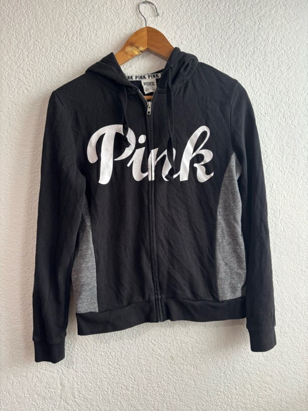 PINK Victoria's Secret Black Zip Hoodie White Logo Spell out Small
